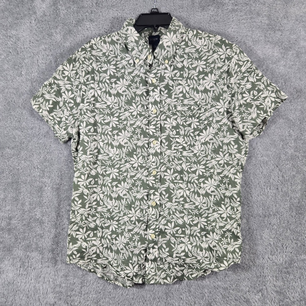 J.Crew Mens Large Green White Floral Tropical Linen Cotton Short Sleeve Shirt